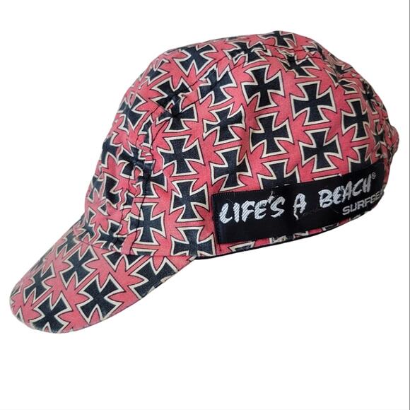Vintage Rare 80s Life's A Beach Surfgear Punk Cyclist Hat Iron Cross OS - Picture 1 of 9